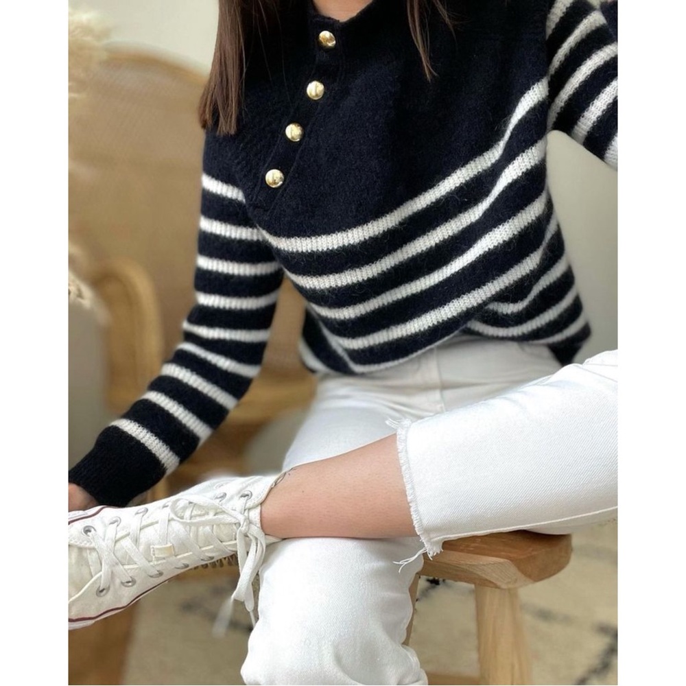 SEZANE Navy Blue & White Striped Alpaca Wool Sweater Fuzzy Preppy Trudy Jumper - Picture 14 of 16